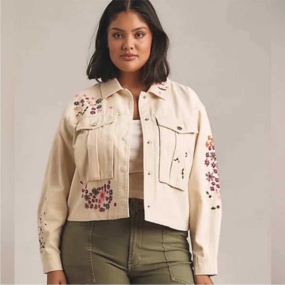 DOLAN Anthropologie Floral Embroidered cream denim jean Jacket size Large new - Picture 7 of 7